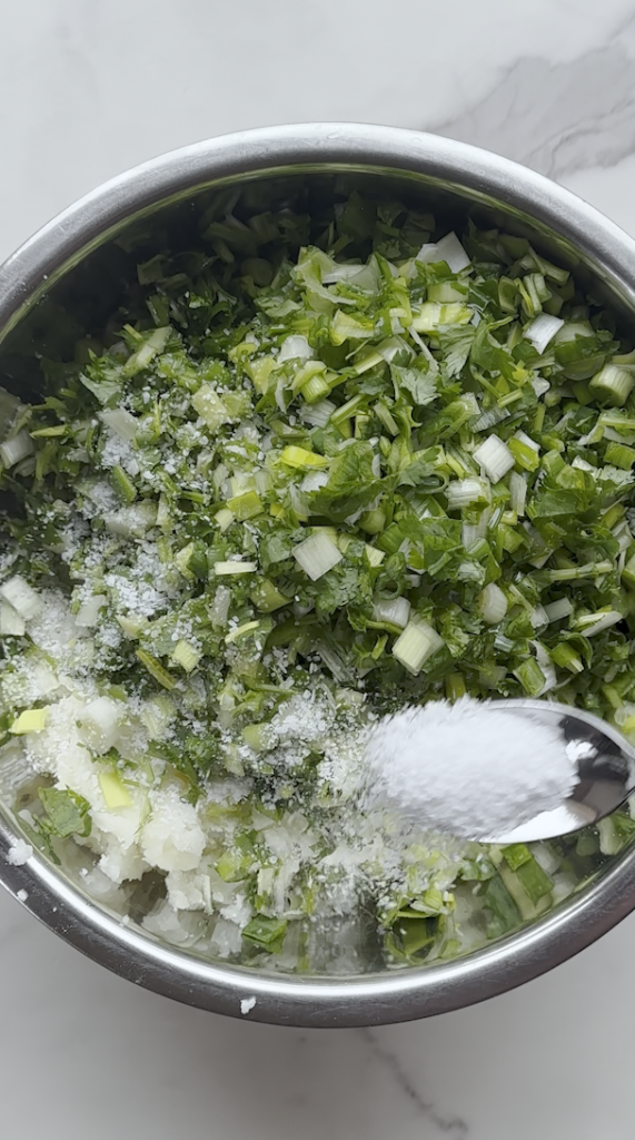 a bowl of mashed potatoes and leeks, cilantro,green onion mix with salt